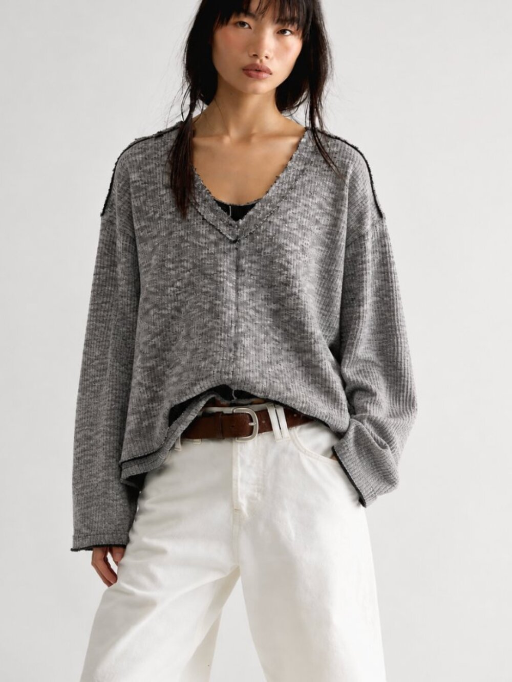 POL HEATHER GREY V-NECK OVERSIZED TOP